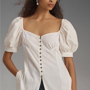 Maeve White Puff Sleeve Sweetheart Top